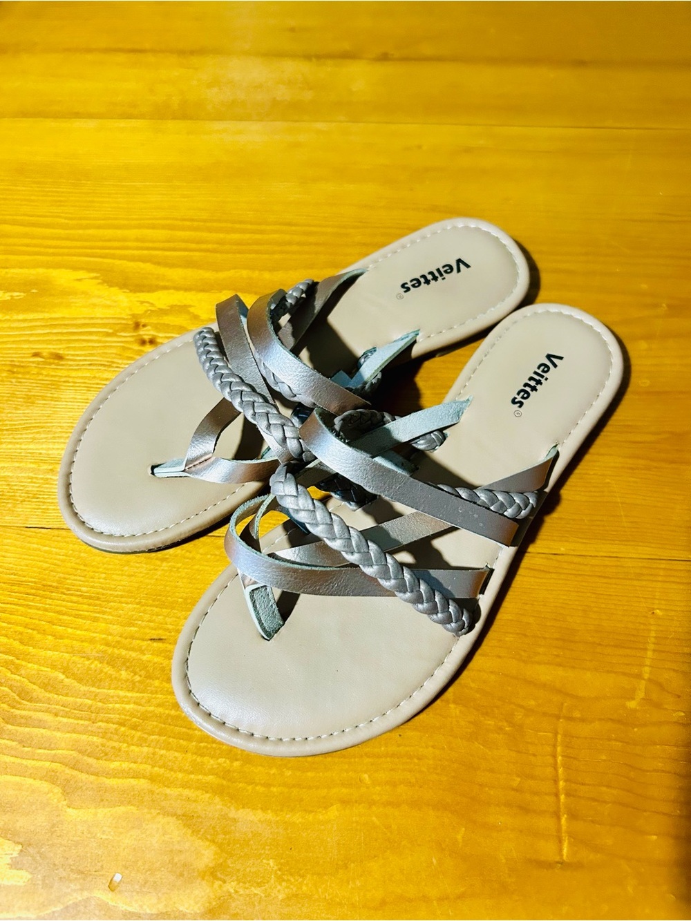 Women's Braided Strap Slide Sandals - beige and gold